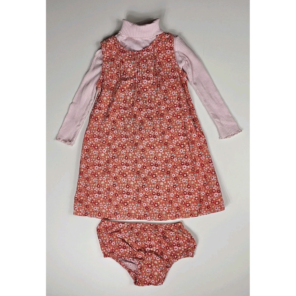 VTG Old Navy Toddler Dress Set Girls 4T Floral Pink Orange Turtleneck 3 Piece